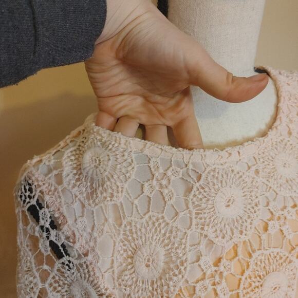 Simply Couture Pale Pink Blouse Size Medium M Lace Crocket Short Sleeve Sheer - Picture 7 of 15